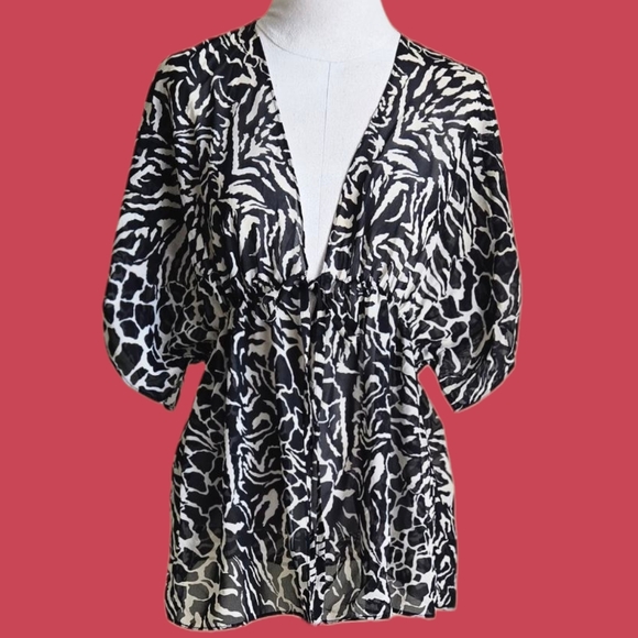 Bisou Bisou Michele Bohbot Zebra Print Sheer Tunic Blouse Tie Waist Women’s M - Picture 1 of 9